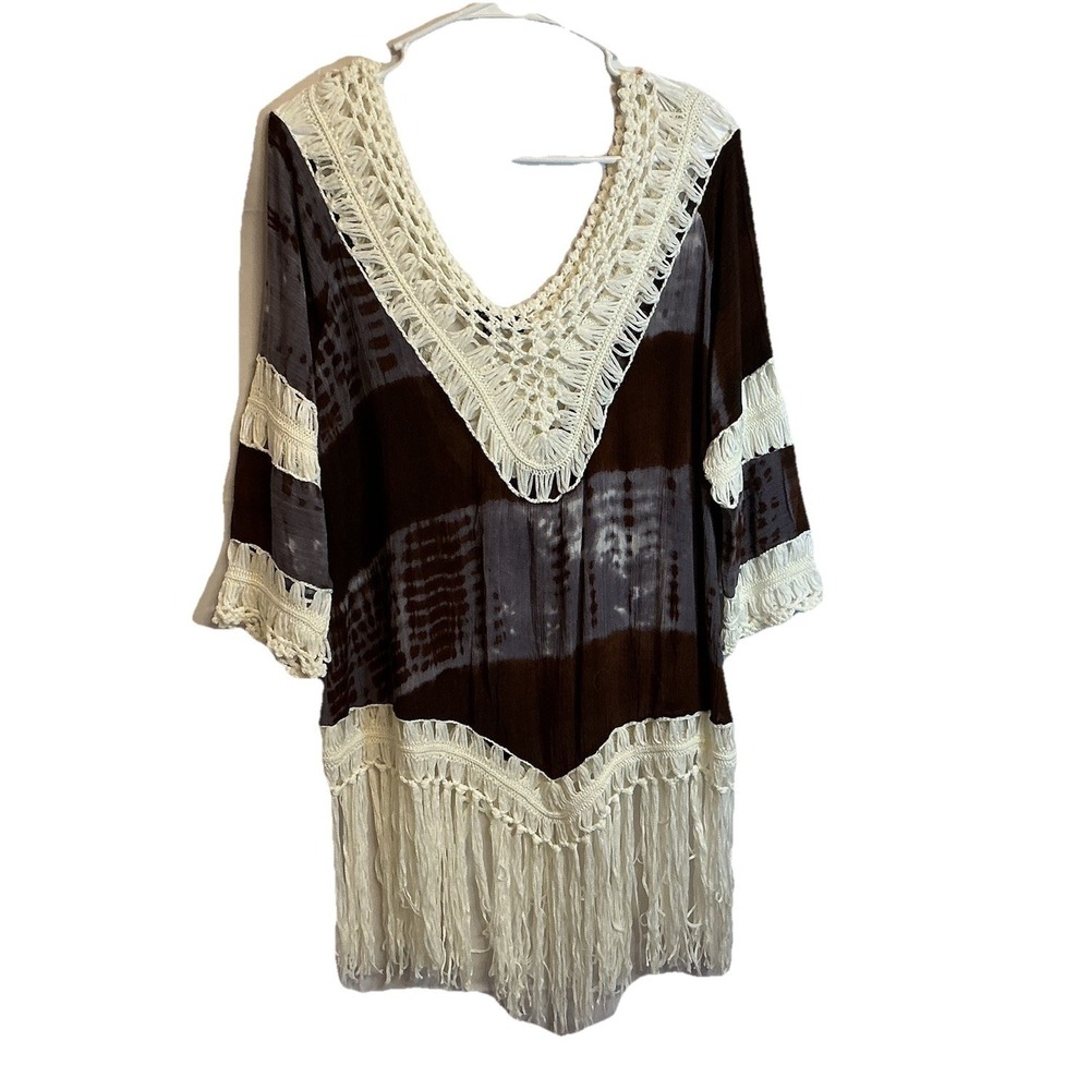 Time Line Blue & Brown Ivory Crochet Tie Dye 3/4 Sleeve Fringe Trim Blouse Top S